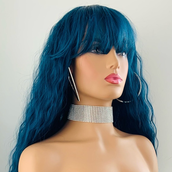 Long 36” Indigo Blue Premium Synthetic Wig with Bangs - Picture 6 of 13